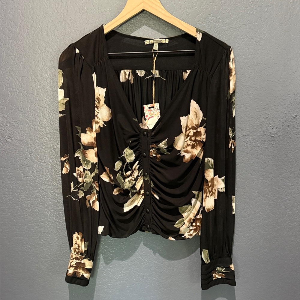 NWT Buckle Gimmicks Button-Front Ruched Black Long Sleeve Sheer Floral Top Sz XS